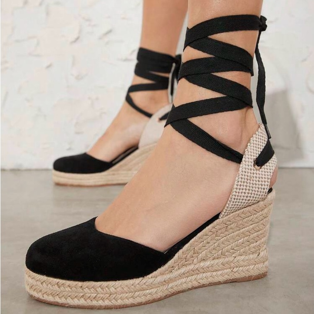 Black Espadrille Lace up Ankle-Tie Espadrille Wedge Sandals